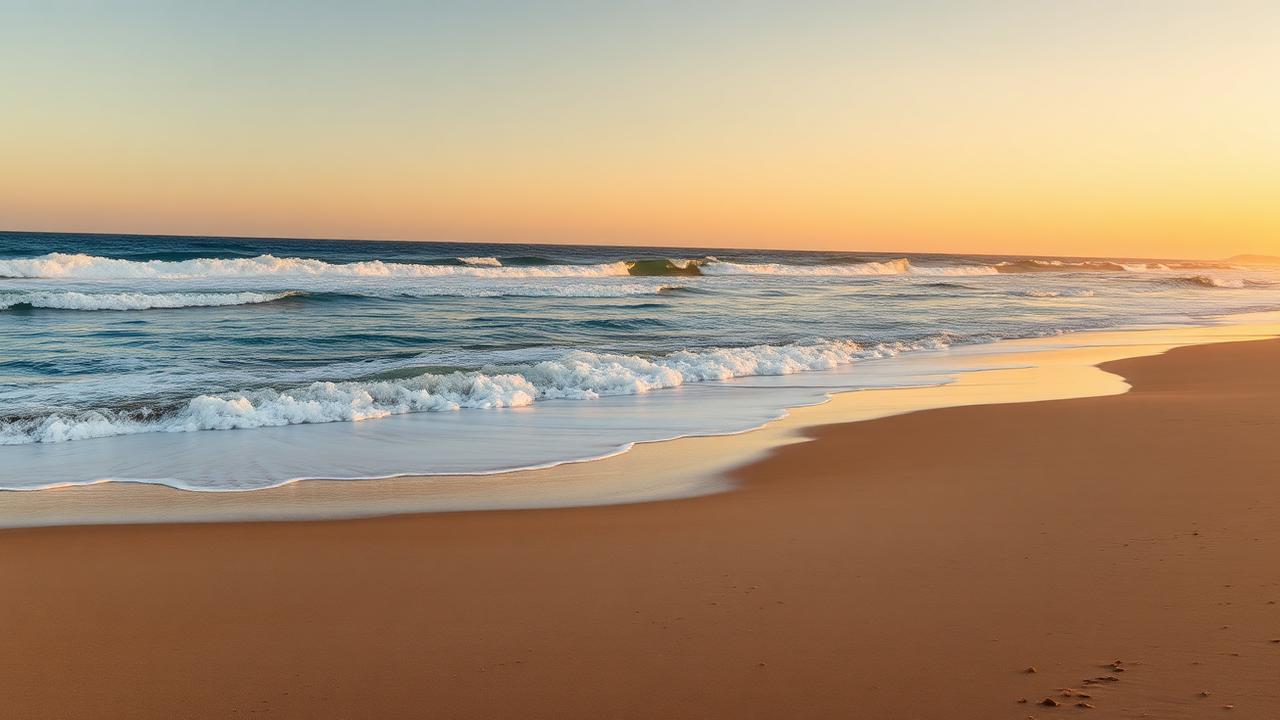 Deserted Australian surf beach at dusk with a defined gutter close to shore
