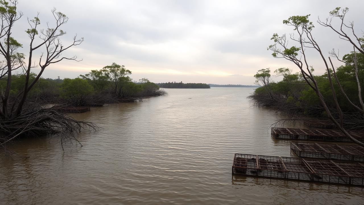 Clear shallow estuary flat with oyster racks and rock bars
