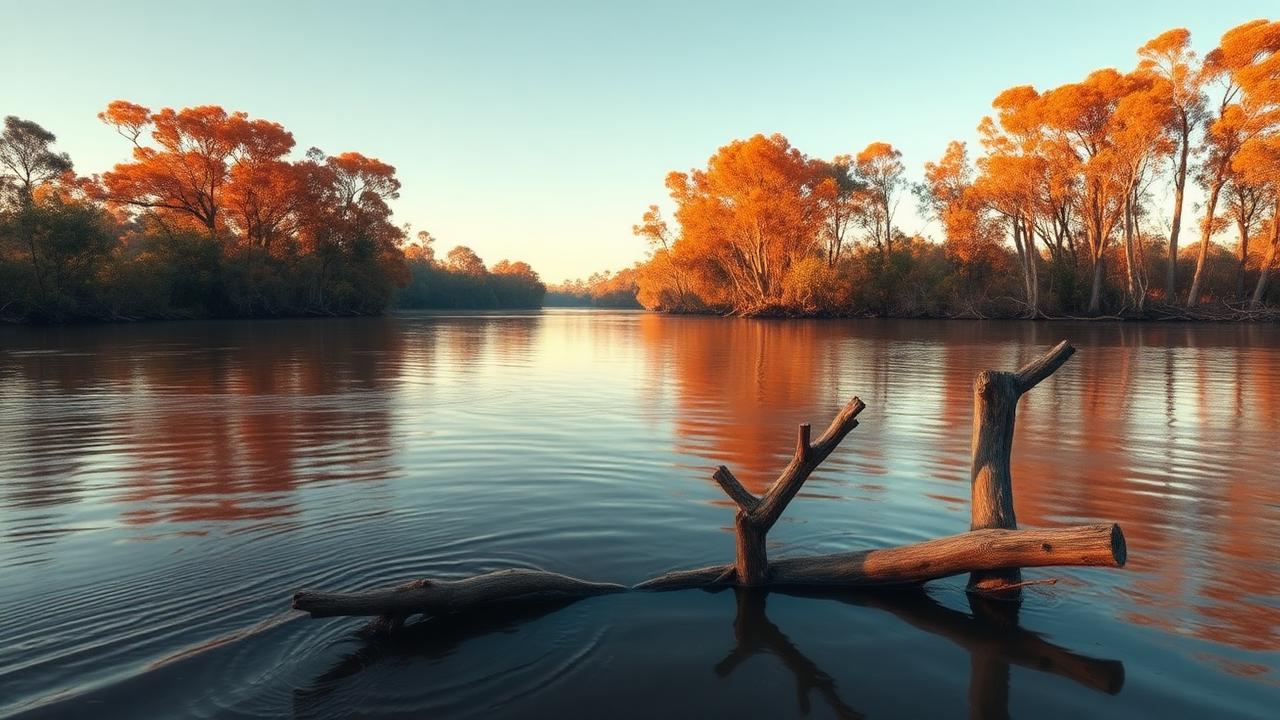 Inland Australian river with submerged timber and steep clay banks