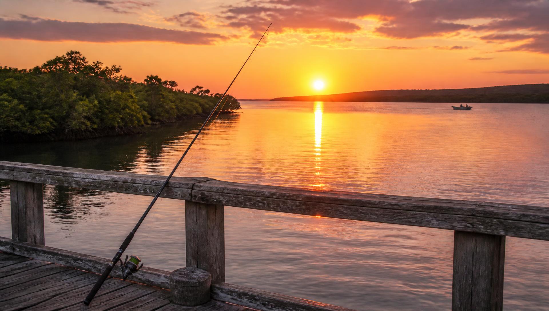 Fishing rod resting on an Australian estuary jetty at summer sunset