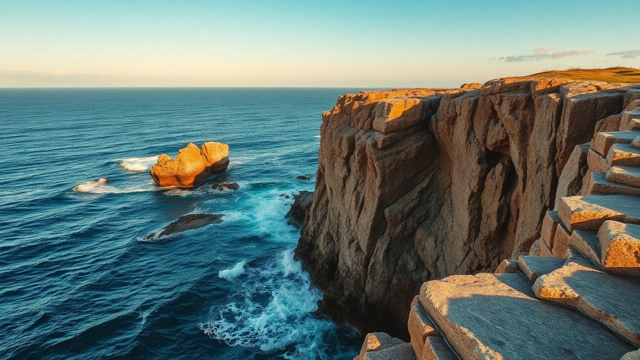 Ocean rock platform with swell washing the lower ledge