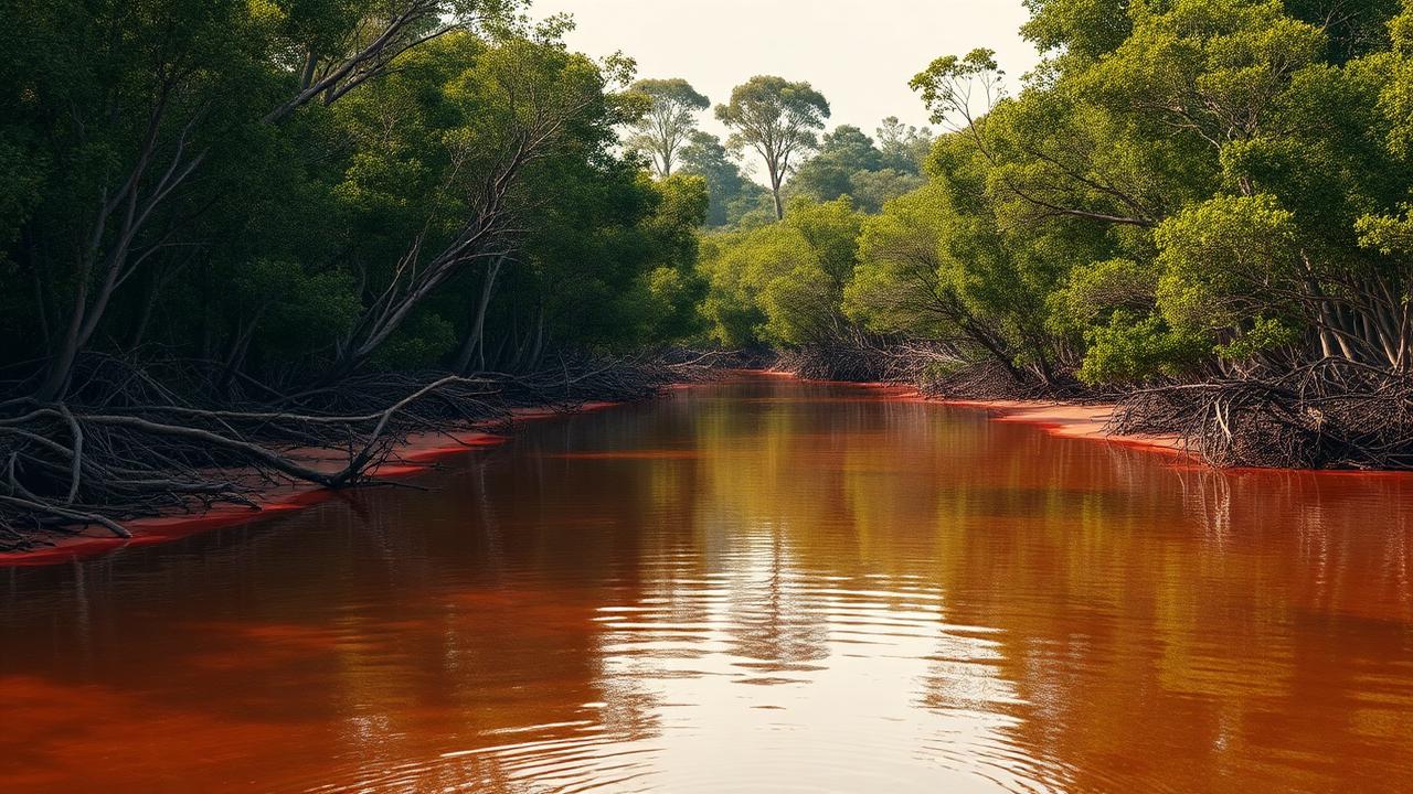 Tropical mangrove creek mouth in northern Australia during the run-off